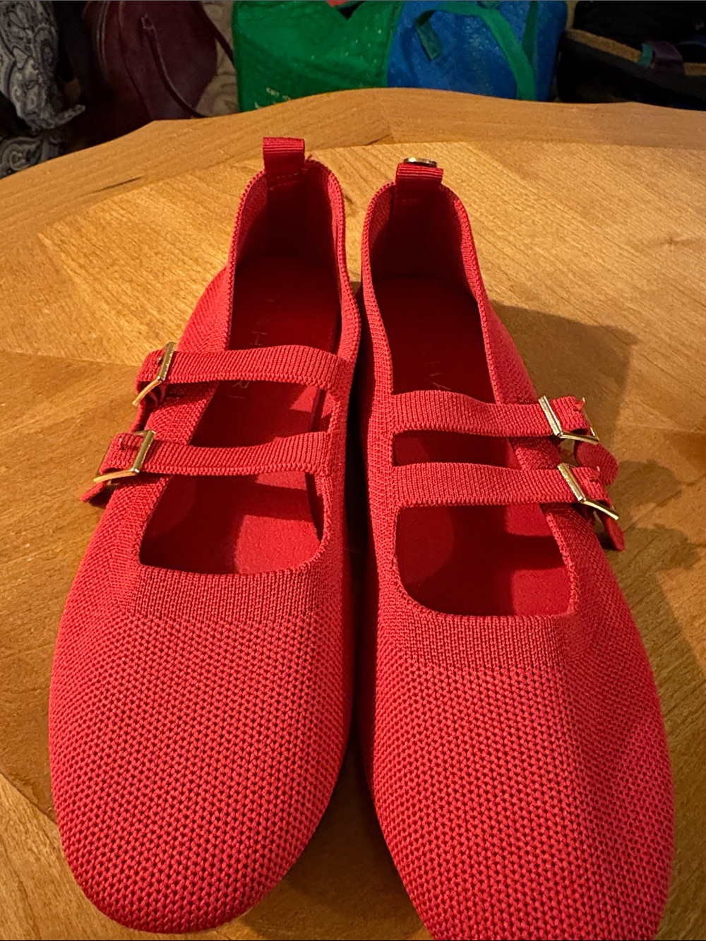 Tahari Vibrant Red Double-Strap Knit Mary Jane Flats